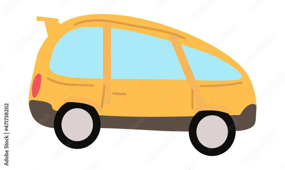 Colorful vehicle concept. Sticker with beautiful yellow trailer for whole family. Minibus for travel and city. Design element for apps. Cartoon flat vector illustration isolated on white background
