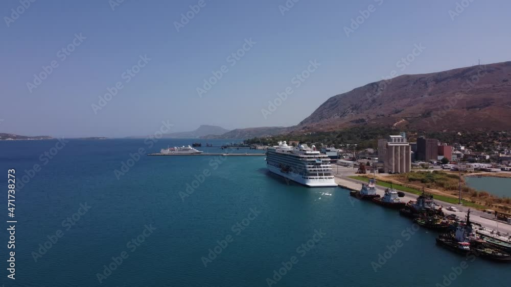 Panoramic aerial view from above of the city of Chania, Crete island, Greece. Landmarks of Greece, beautiful venetian town Chania in Crete island. Chania, Crete, Greece. Panoramic aerial view from above of the city of Chania, Crete island, Greece. Landmarks of Greece, beautiful venetian town Chania in Crete island. Chania, Crete, Greece.