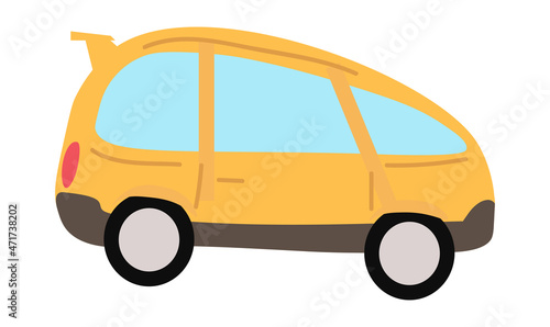 Colorful vehicle concept. Sticker with beautiful yellow trailer for whole family. Minibus for travel and city. Design element for apps. Cartoon flat vector illustration isolated on white background