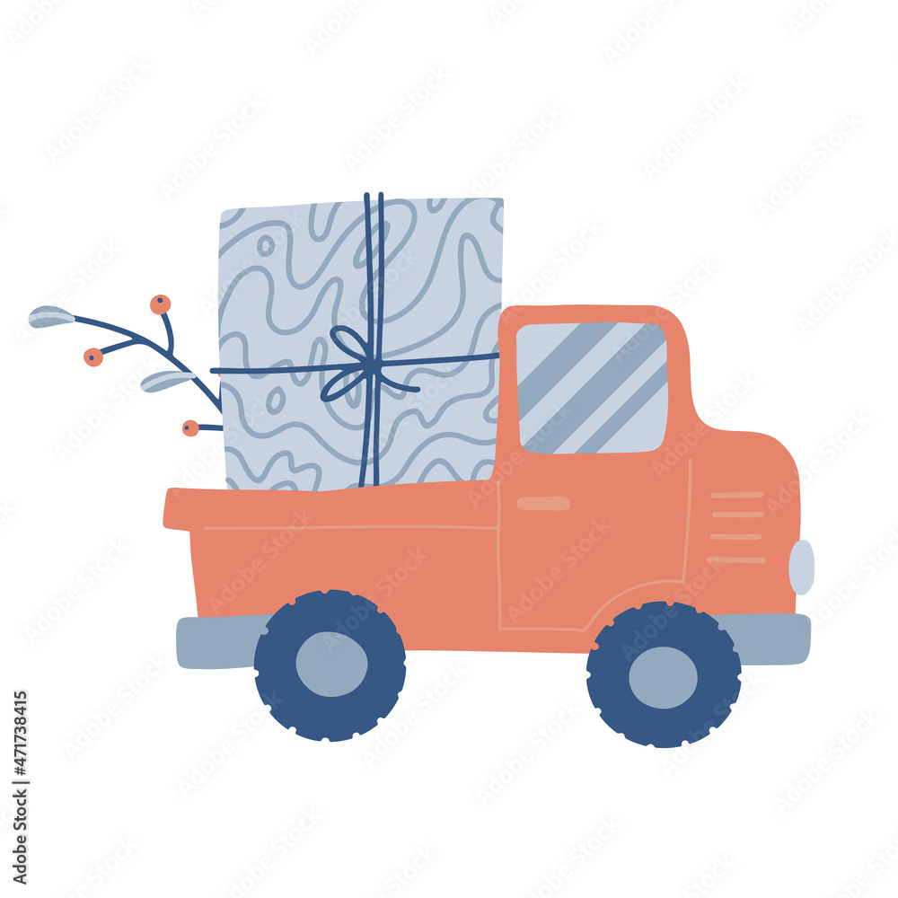 Cute childish truck car with gift box. Christmas Freehand isolated element. Vector flat Illustration. Only 5 colors - Easy to recolor.