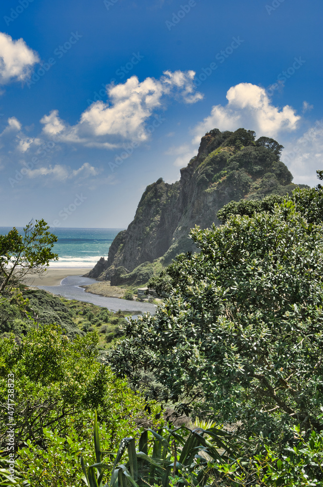 View of The Watchman, a rock formation dominating Karekare Beach in the Waitakere Ranges, close to Auckland, New Zealand
