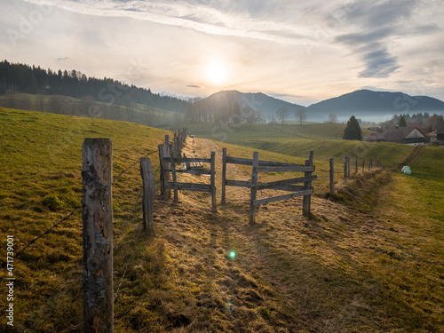 Sunset on a meadow after hiking in Autumn in the Allg  u Alps  Bad Kohlgrub at the feet of the H  rnle Oberammergauer Alps