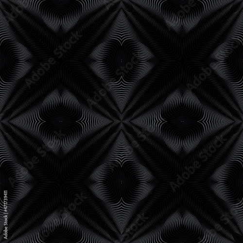 Dark black 3d lines seamless pattern. Warped lines surface 3d background. Repeat geometric textured backdrop. Modern ornate line art Deco ornament. Ornamental trendy design. Endless texture. Clipart