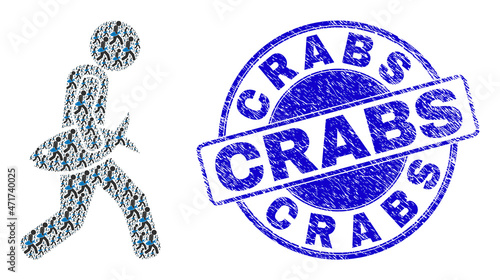 Vector fish courier icon composition is created with randomized self fish courier elements. Crabs textured blue round stamp seal. Fractal composition for fish courier icon.