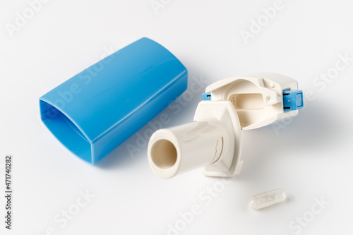 Inhaler or bronchodilator and medical powder capsules for prevention and treatment of bronchitis or asthma photo