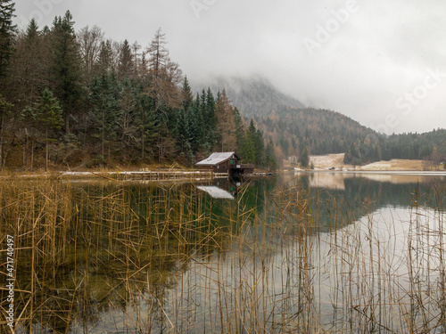 Lautersee lake close to Mittenwald and Leutascher Klamm during autmn with little snow, Bavaria Allgäu Alps photo