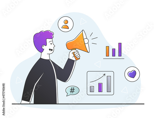 Digital PR concept. Man with loudspeaker calls people to him. Attracting new audience, blogger looking for subscribers. Shares on social media, popularity, influencer. Cartoon flat vector illustration