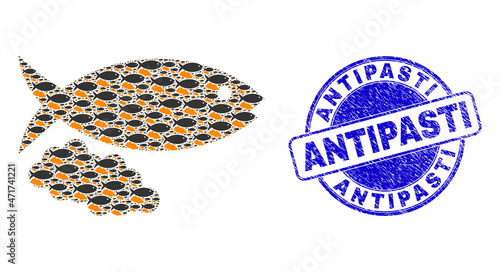 Vector fish caviar icon mosaic is formed with randomized recursive fish caviar icons. Antipasti grunge blue round seal. Recursive combination from fish caviar icon.