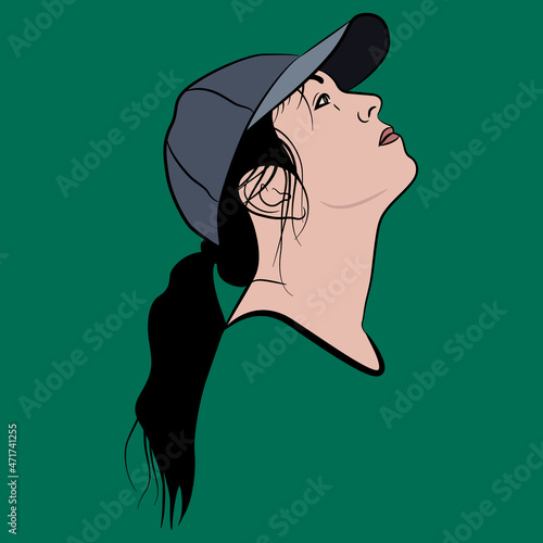 Female portrait. Raised up head in profile. Young Caucasian woman with ponytail in a baseball cap. Cartoon style. On green background.