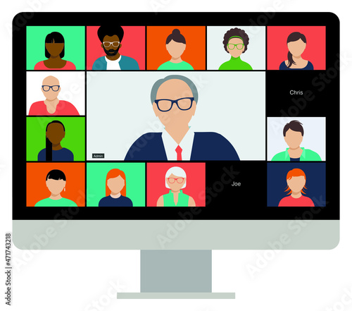 ILLUSTRATION OF A SCREEN WITH SEVERAL PEOPLE OF DIFFERENT ETHNICS IN A VIRTUAL MEETING photo