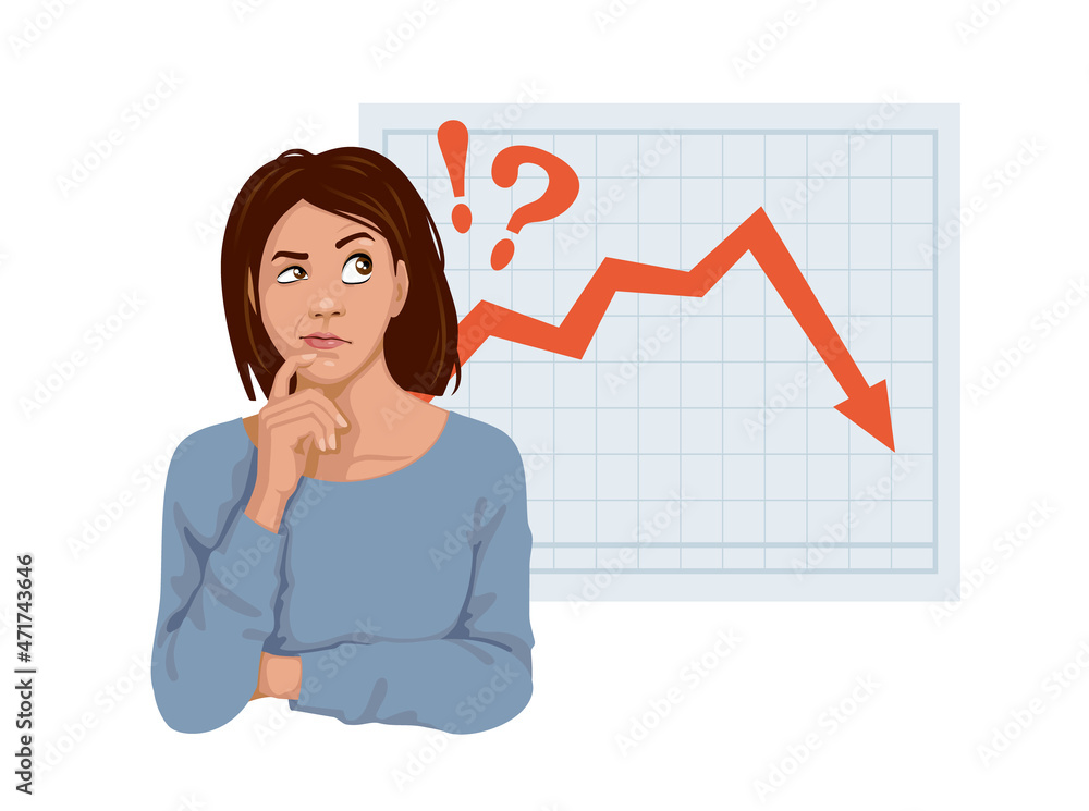 Financial crisis concept. Crash problem. cute lady touch chin, thinking next to a falling diagram, solving problems, Capital is lost. Vector flat design. Financial crisis concept. Crash problem. cute lady touch chin, thinking next to a falling diagram, solving problems, Capital is lost. Vector flat design.