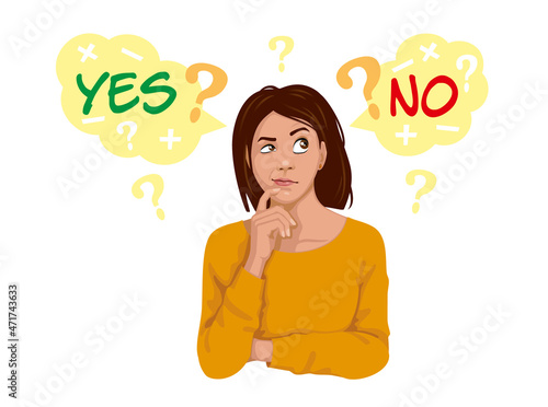 Vector illustration of a cute girl thinking yes and no. Concept of choice, option, selection, answer, accept or refuse.