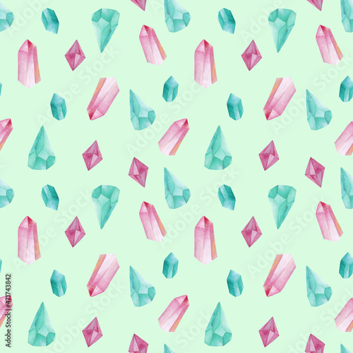 watercolor illustration with green, pink magic energy crystals, minerals. Gems seamless pattern. Collection for design, decor, print. Template for booklet, stickers, scrapbooking. Blue background.