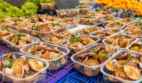 Variety of mushrooms at a market . photo