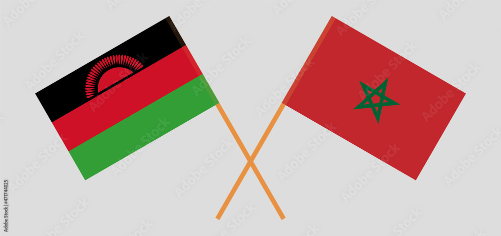 Crossed flags of Malawi and Morocco. Official colors. Correct proportion