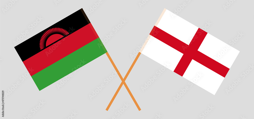 Crossed flags of Malawi and England. Official colors. Correct proportion