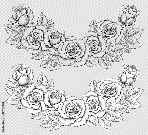 Semicircular Composition of Vintage Hand-Drawn Roses. Black and White and Contoured Engraved Illustration in Retro Style. Vector Image Isolated on the Imitation of Transparent Background