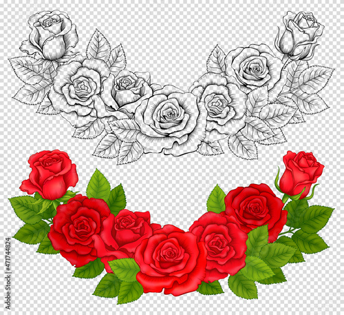 Set of Semicircular Compositions of Colored Red Roses and Outline Roses. Vintage Flowers. Vector Illustration Isolated on the Imitation of Transparent Background © annagarmatiy