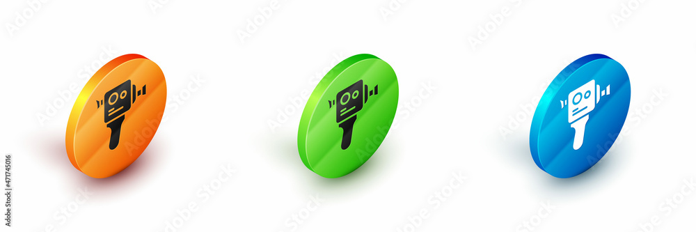 Isometric Retro cinema camera icon isolated on white background. Video camera. Movie sign. Film projector. Circle button. Vector Isometric Retro cinema camera icon isolated on white background. Video camera. Movie sign. Film projector. Circle button. Vector