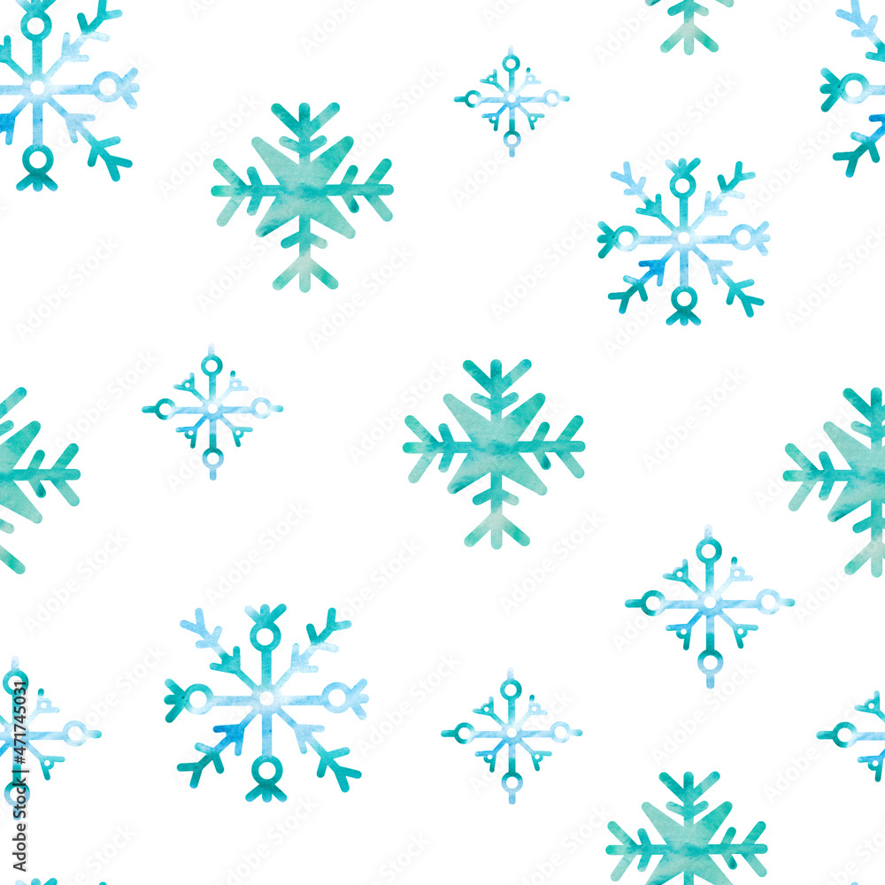 watercolor seamless pattern with blue snowflakes. Snowfall, winter, Christmas, New Year, ice. For decoration,design. For printing on paper, textiles. Isolated elements on white background.