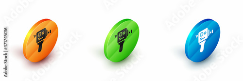 Isometric Retro cinema camera icon isolated on white background. Video camera. Movie sign. Film projector. Circle button. Vector