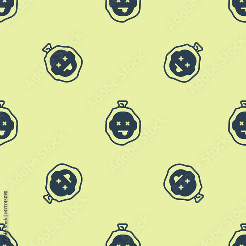 Blue Murder icon isolated seamless pattern on yellow background. Body, bleeding, corpse, bleeding icon. Dead head. Concept of crime scene. Vector