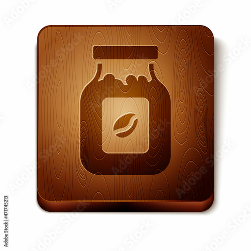 Brown Coffee jar bottle icon isolated on white background. Wooden square button. Vector