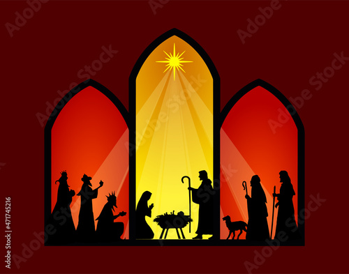 Christmas Nativity scene greeting card background, biblical illustration. Vector EPS10.