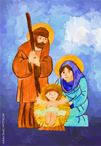 Christmas Nativity, watercolor painting sketch. Greeting card background.
