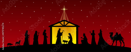 Red Christmas Nativity scene greeting card background. Vector EPS10.