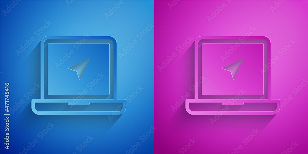 Paper cut Laptop with location marker icon isolated on blue and purple background. Paper art style. Vector Paper cut Laptop with location marker icon isolated on blue and purple background. Paper art style. Vector