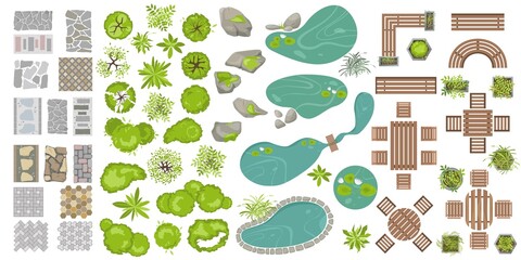 Canvas schilderij Wit Collection of Architectural elements for landscape design top view. Vector Objects for projects, plans, map. Park elements. outdoor wooden furniture, table, bench, plants, trees, tile in flat style  © Volha