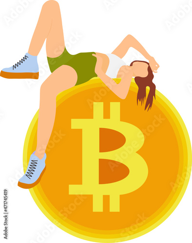 mujer acostada arriba de un bitcoin, moneda virtual. Vector sin fondo, fondo transparente