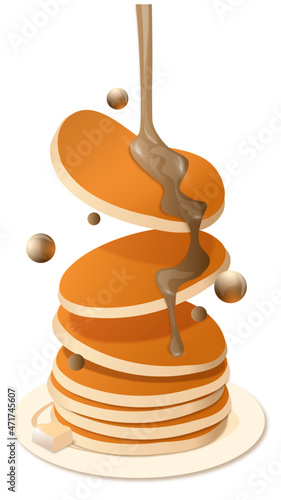 Pancakes with topping dynamic vector illustration. Breakfast concept. Pancake day. Pancakes up