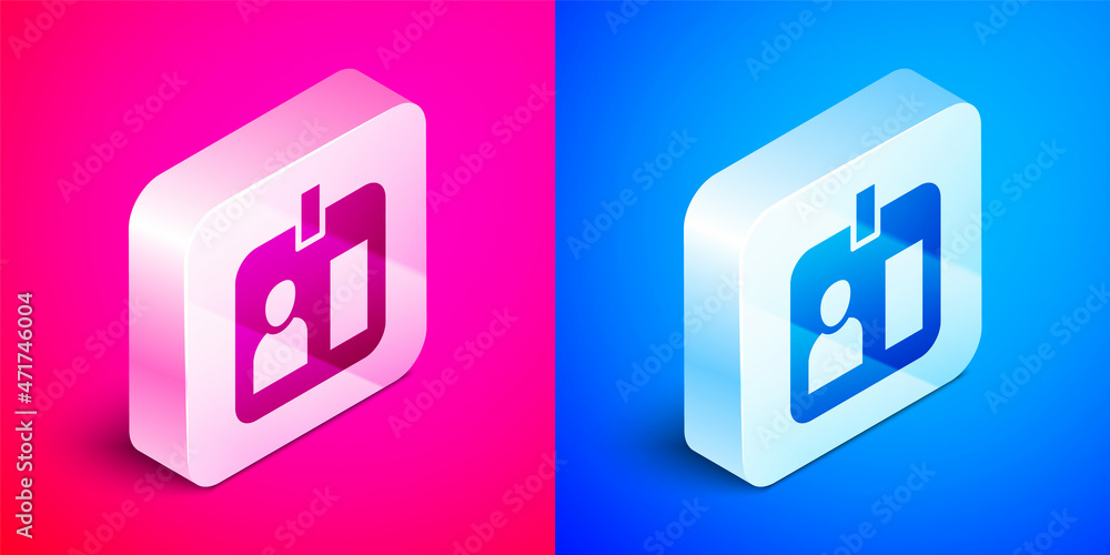 Isometric Press journalist vertical badge icon isolated on pink and blue background. Media identification id card. Silver square button. Vector Isometric Press journalist vertical badge icon isolated on pink and blue background. Media identification id card. Silver square button. Vector