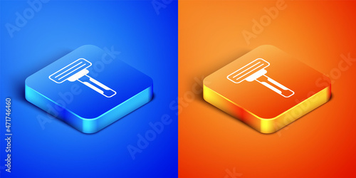 Isometric Shaving razor icon isolated on blue and orange background. Square button. Vector