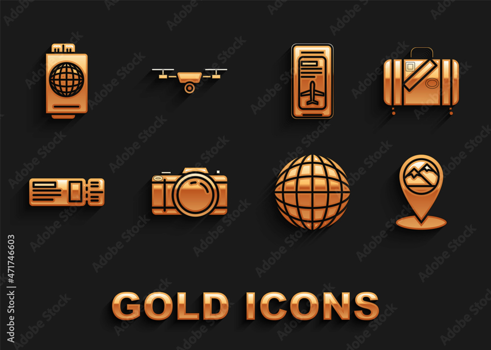 Set Photo camera, Map pointer with mountain, Earth globe, Travel ticket, Smartphone electronic boarding pass airline, Passport and Drone flying action video icon. Vector Set Photo camera, Map pointer with mountain, Earth globe, Travel ticket, Smartphone electronic boarding pass airline, Passport and Drone flying action video icon. Vector