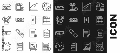 Set line Calculator with dollar symbol, Clipboard checklist, Calendar, Pie chart infographic, Stacks paper money cash, Smartphone, and icon. Vector