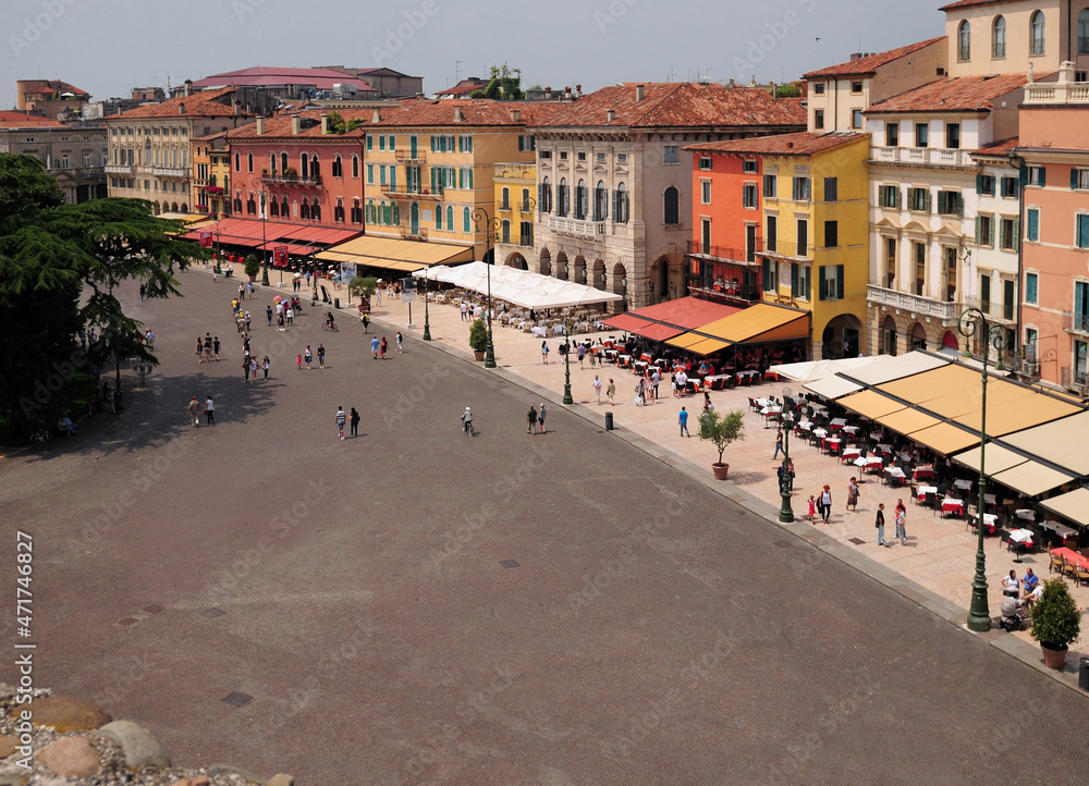 View From The Roman Arena To The Piazza Bra In Verona Italy On A Beautiful Spring Day With A Blue Sky And A Few Clouds