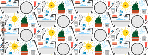 Seamless repeating bathroom pattern with shower and personal care items. Morning and evening routine. Vector illustration.