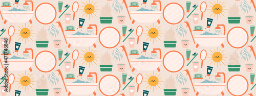 Seamless repeating bathroom pattern with shower and personal care items. Morning and evening routine. Vector illustration.