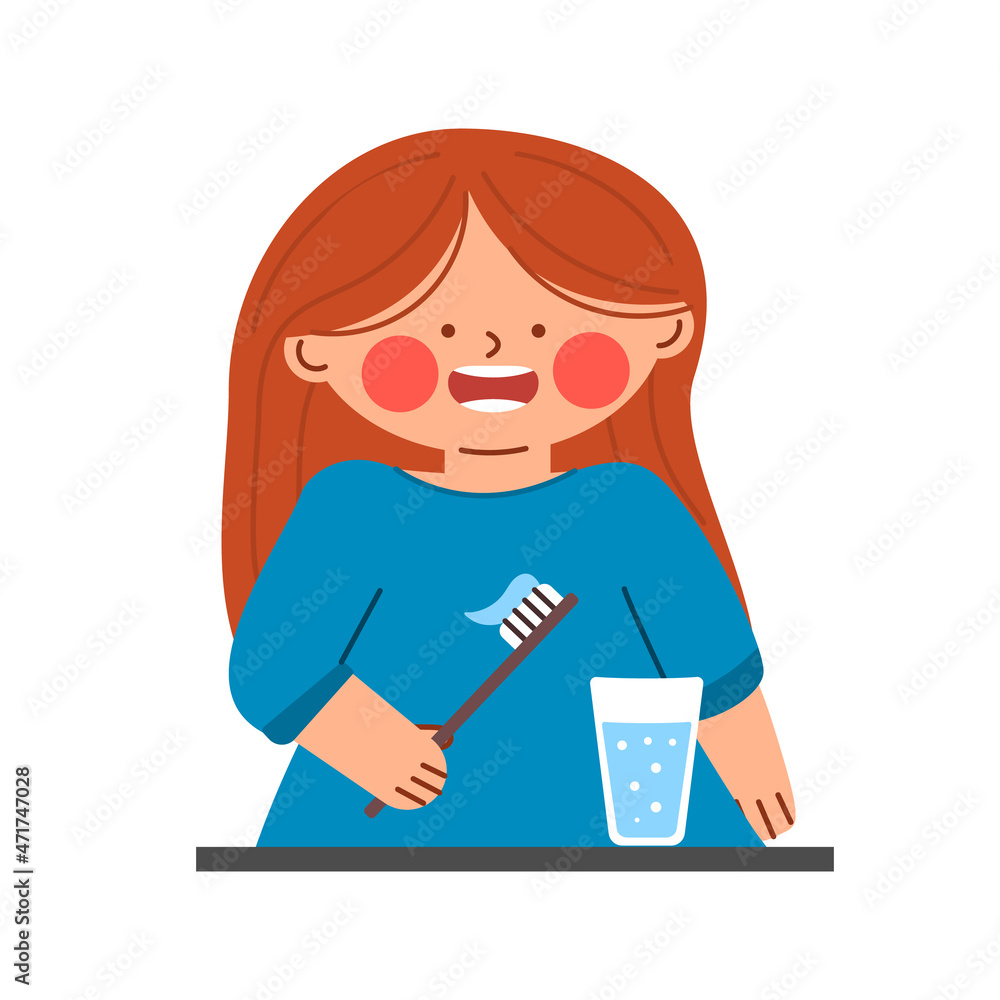 Cute little character teenager girl. Morning routine of hygiene procedures. Baby child in the bathroom. Vector illustration.