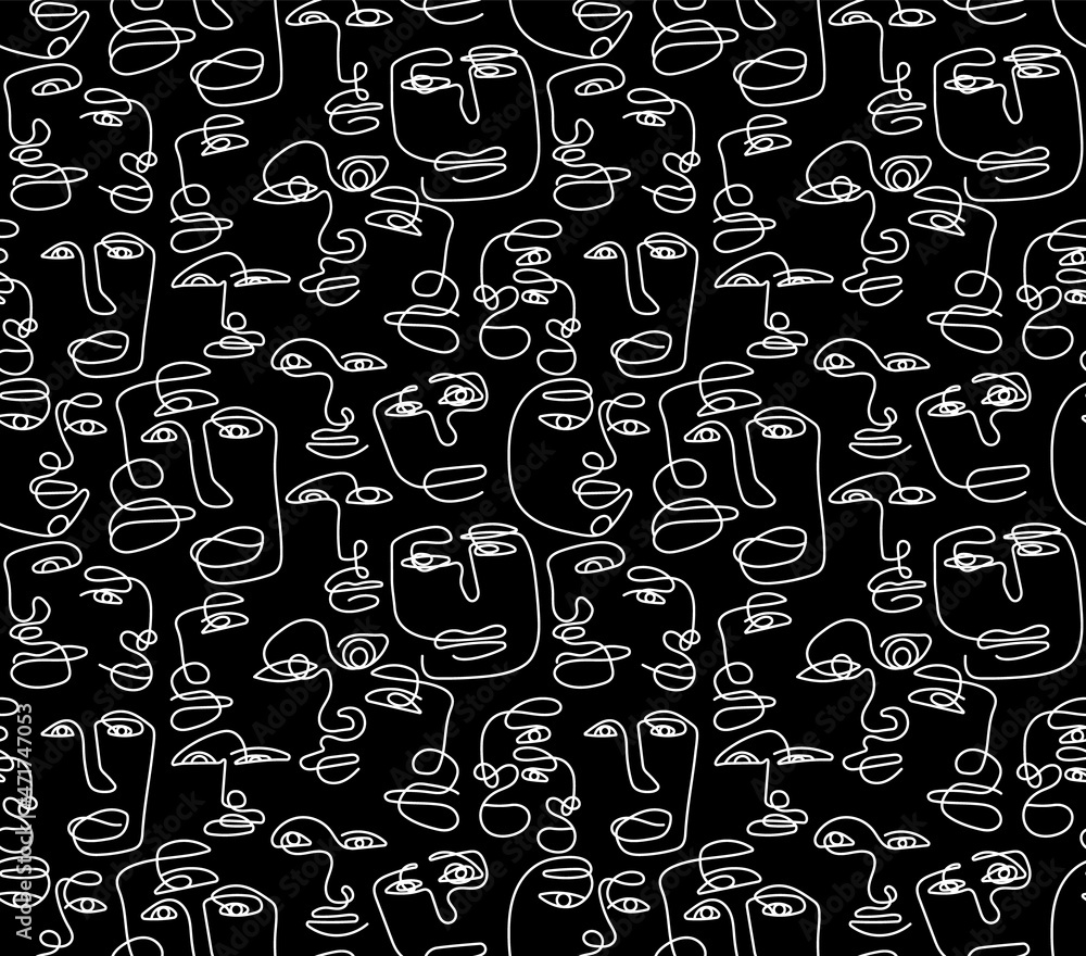 Seamless pattern with a man drawn in one line in an elegant minimalist style. Abstract face of woman and man. Contour silhouette of persons. Vector illustration background design.
