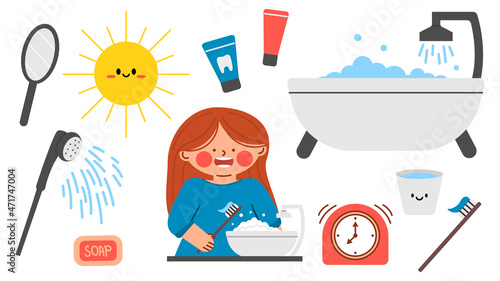 Cute little character teenager girl. Morning routine of hygiene procedures. Baby child in the bathroom. Vector illustration.