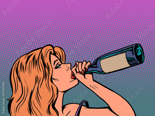 a woman drinks wine from the throat of a bottle, depression and loneliness