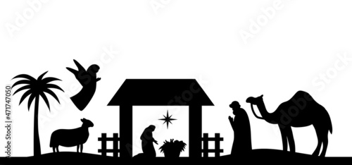 Holy night of birth of child jesus christ silhouette scene from religion christianity nativity scene. Biblical Religious History of Catholics. Cut for scrapbooking and print. Vector illustration.