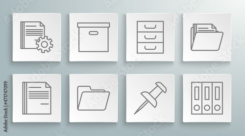 Set line File document, Carton cardboard box, Document folder, Push pin, Office folders with papers and documents, Drawer, and settings gears icon. Vector