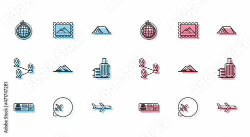 Set line Cruise ticket for traveling by ship, Globe with flying plane, Plane, Egypt pyramids, Suitcase, Route location and Postal stamp and Mountains icon. Vector