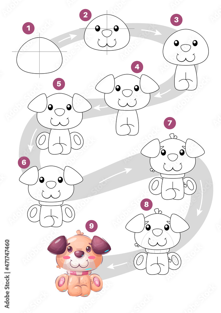 Drawing cartoon character domestic dog, step by step tutorial.