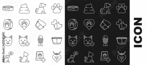 Set line Collar with name tag and heart, Protective cone collar, Veterinary clinic symbol, Dog, Heart animals footprint, Paw, and icon. Vector